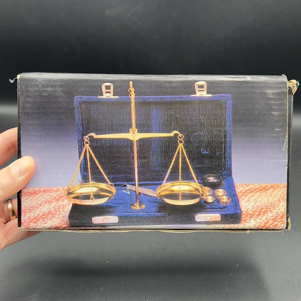 Vintage Black Velvet box with Brass Balance Scales and Weights Travel w/ box